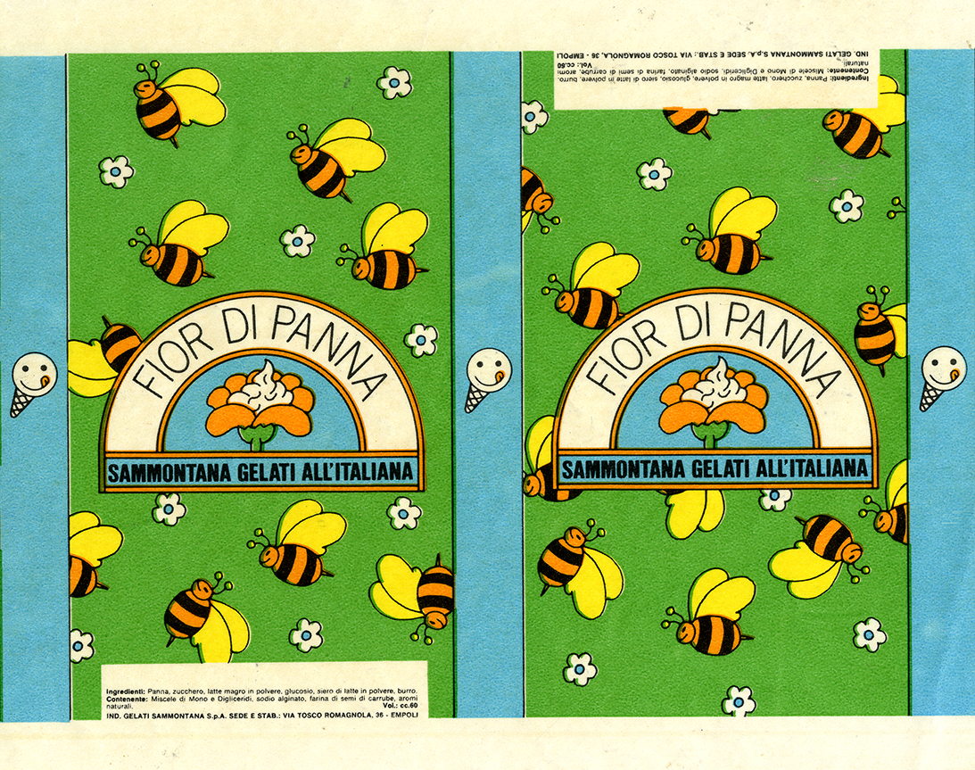 Label for Fior Di Panna gelato with bumblebees against a green background